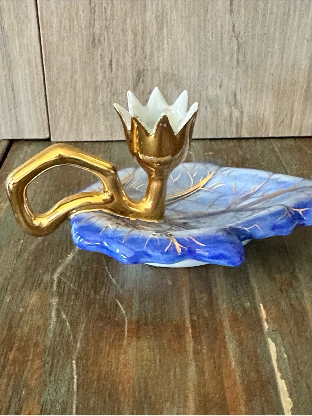 Cobalt Blue Porcelain Leaf Chamberstick Candlestick Holder Gold Gilt